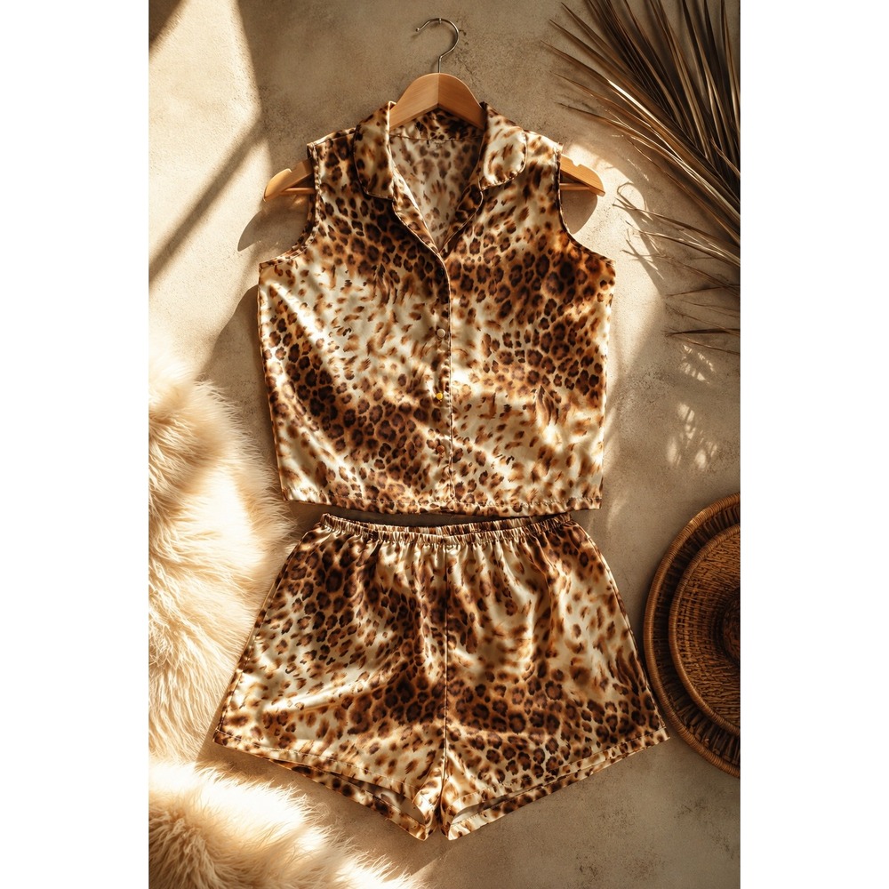 Leopard Print Satin Pajama Lounge Set Mob Wife Y2K Women's M Silky Glam